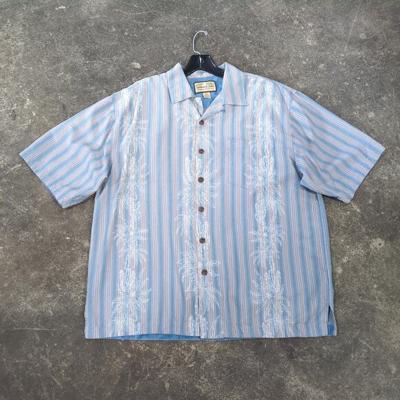 Vintage Jamaica Jaxx Hawaiian Shirt Mens L Light Blue Silk Striped Floral - Picture 1 of 7